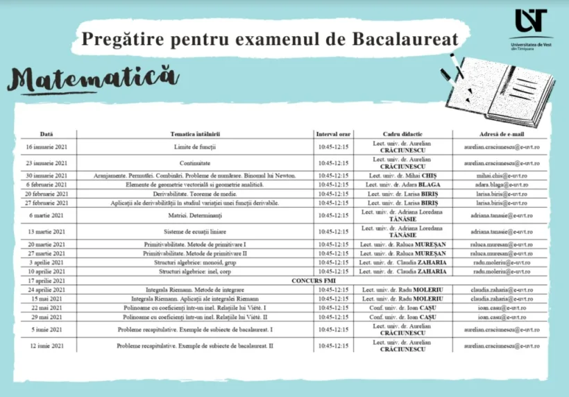 Pregătire gratuită pentru Bacalaureat 2021, la 13 discipline, organizată online pentru elevii din toată țara de Universitatea de Vest din Timișoara