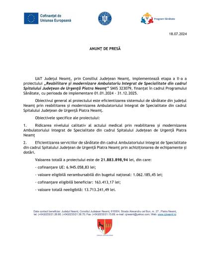 Reabilitarea și modernizarea Ambulatorului Integrat de Specialitate din SJU Piatra Neamț